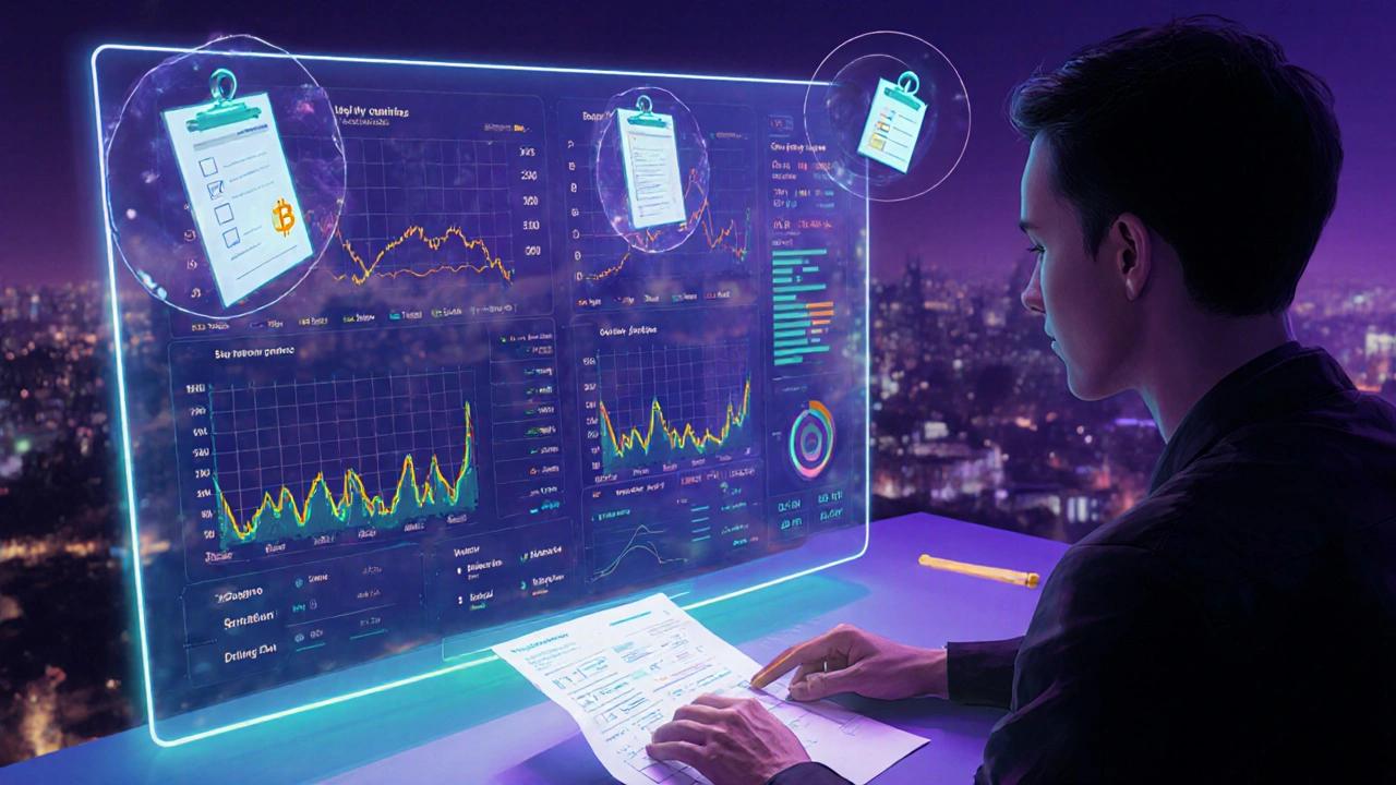 Analyst at neon-lit desk reviewing holographic tokenomics dashboard with charts and checklists.