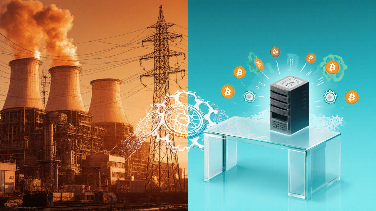 Split‑screen art contrasting energy‑heavy PoW data center with low‑power PoS validator node.