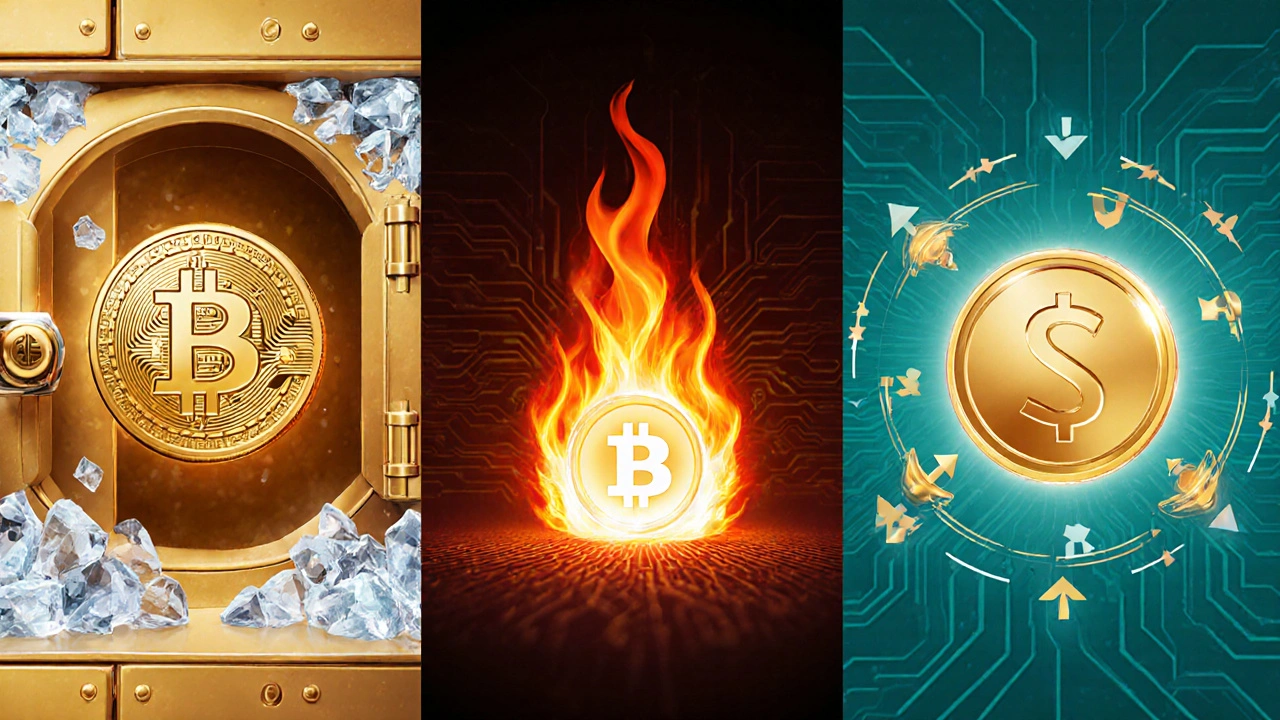 Three panels showing Bitcoin’s fixed supply, BNB burning, and Solana’s staking rewards.