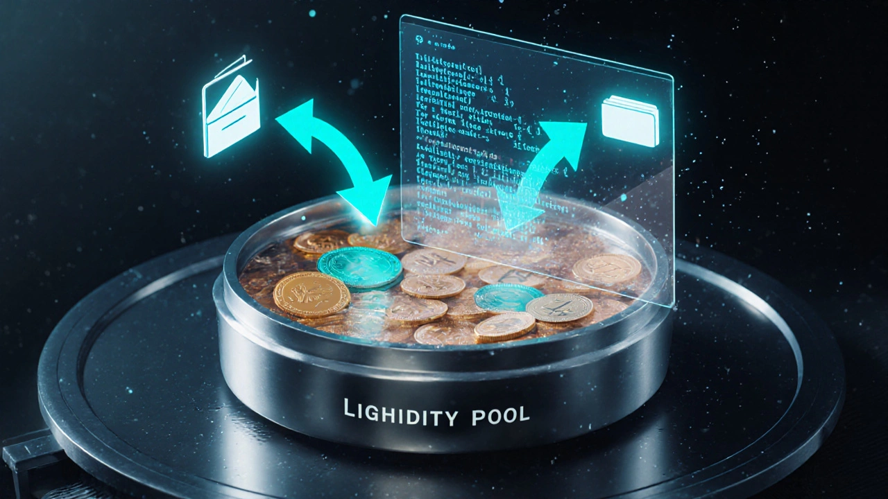 3D render of a smart contract pulling tokens from a liquidity pool for an instant swap.