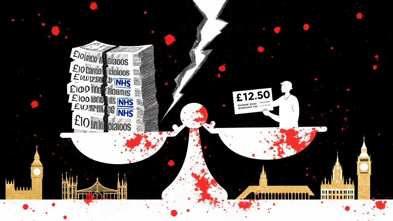 A broken scale shows massive debt overpowering healthcare, while low-wage workers flee to other European cities.