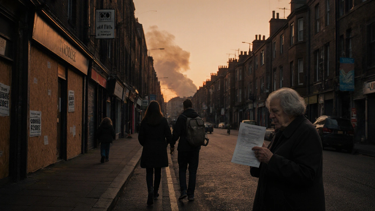 A family walks past closed shops in Glasgow under high rent signs, holding an energy bill as dusk falls.