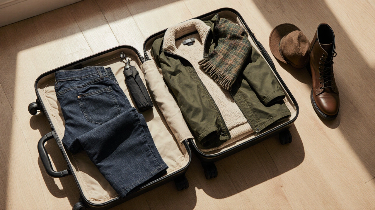 Flat lay of neatly packed suitcase showing denim, chinos, layers, and travel accessories.