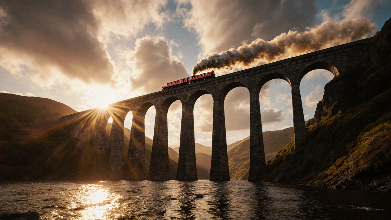 Glenfinnan Viaduct glowing in sunrise as a red steam locomotive crosses.
