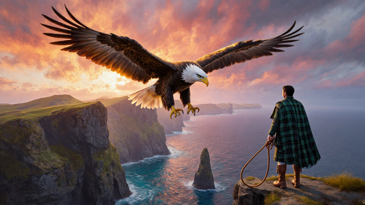 Golden eagle flying over Isle of Skye cliffs at sunset with a Highlander falconer below.