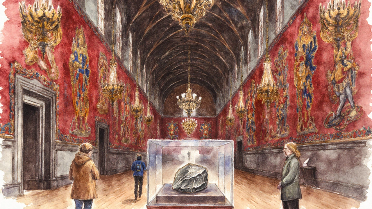 Great Hall interior showing tapestries, Crown Jewels, and visitors under warm light.