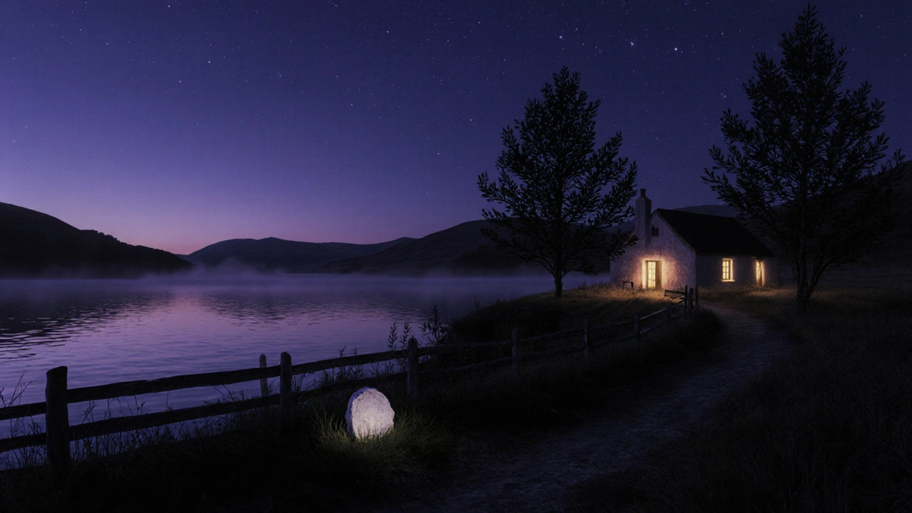 Hagrid&#039;s cottage at twilight with a white stone on the fence, mist rising from Loch Shiel.