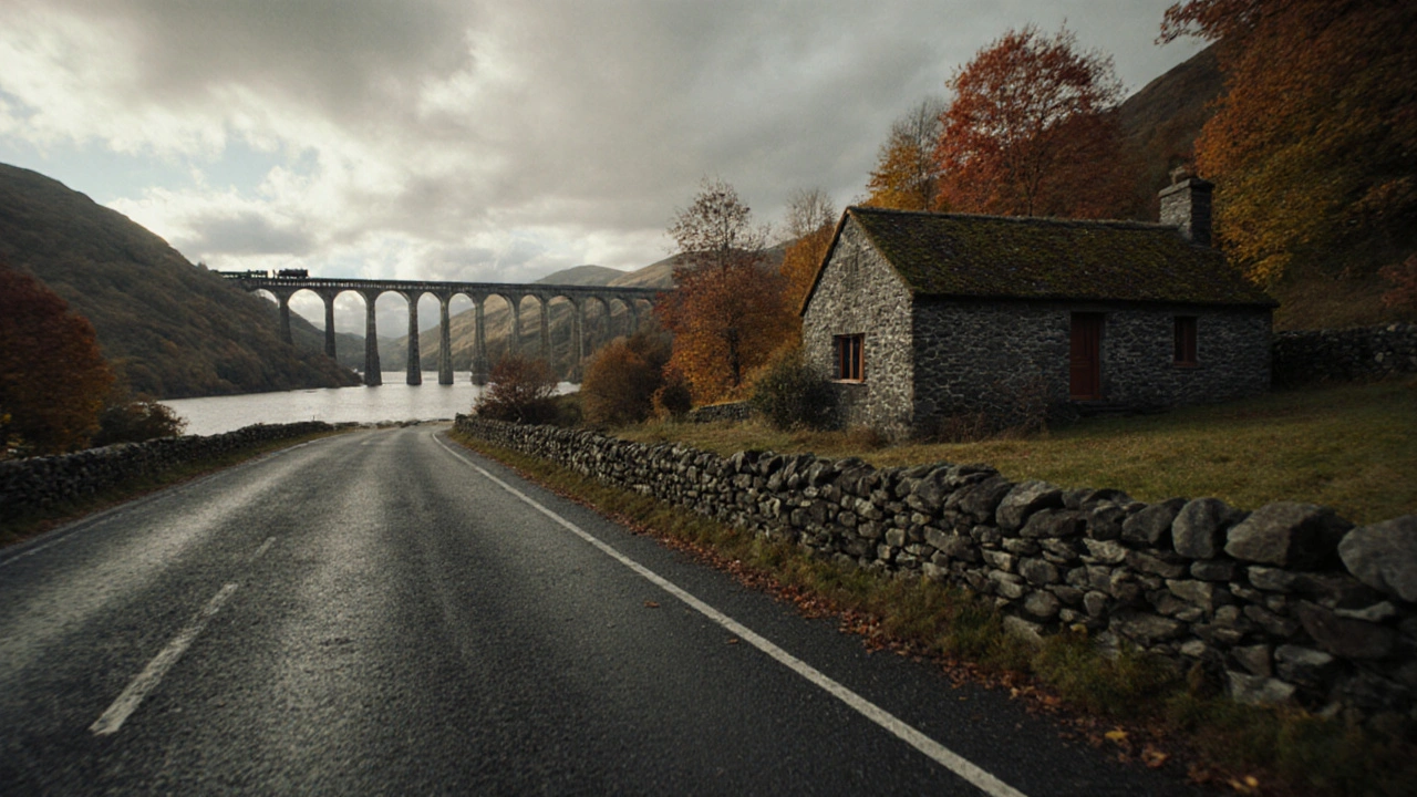 Hagrid&#039;s cottage viewed from the road with the Glenfinnan Viaduct and steam train in the distance.