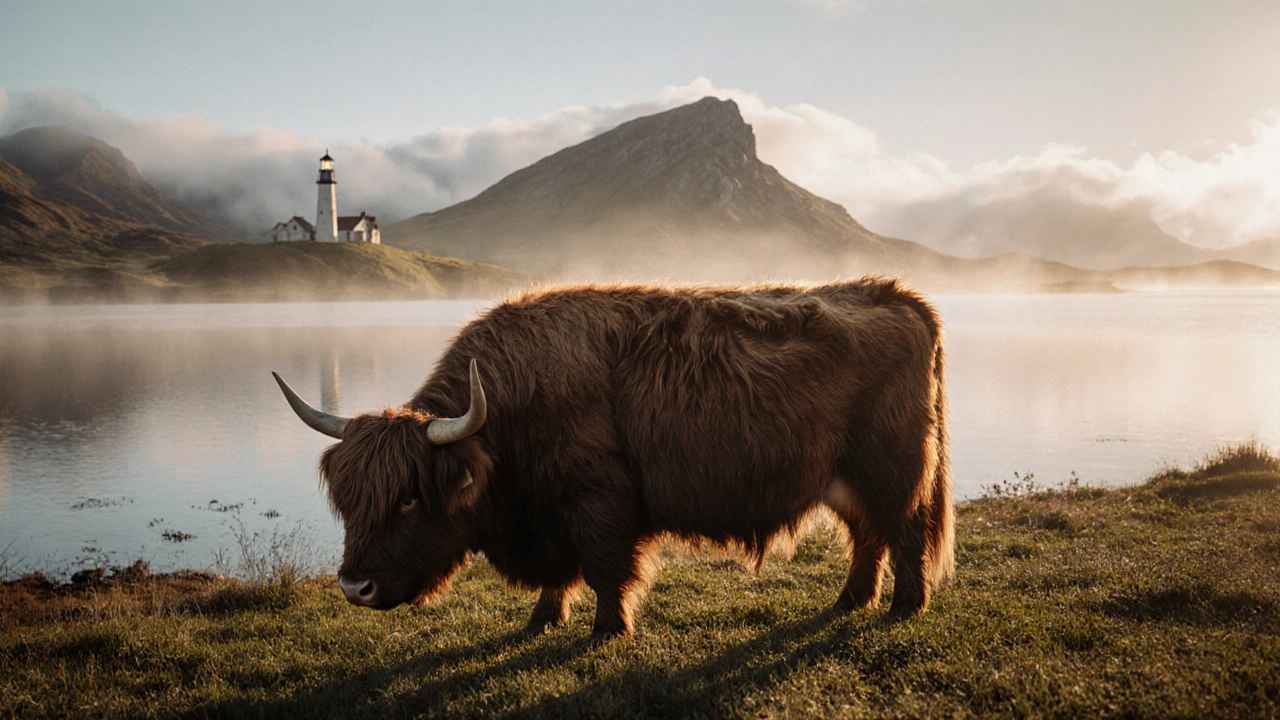 Highland cow grazing by a misty loch with sunrise light in the Scottish Highlands.