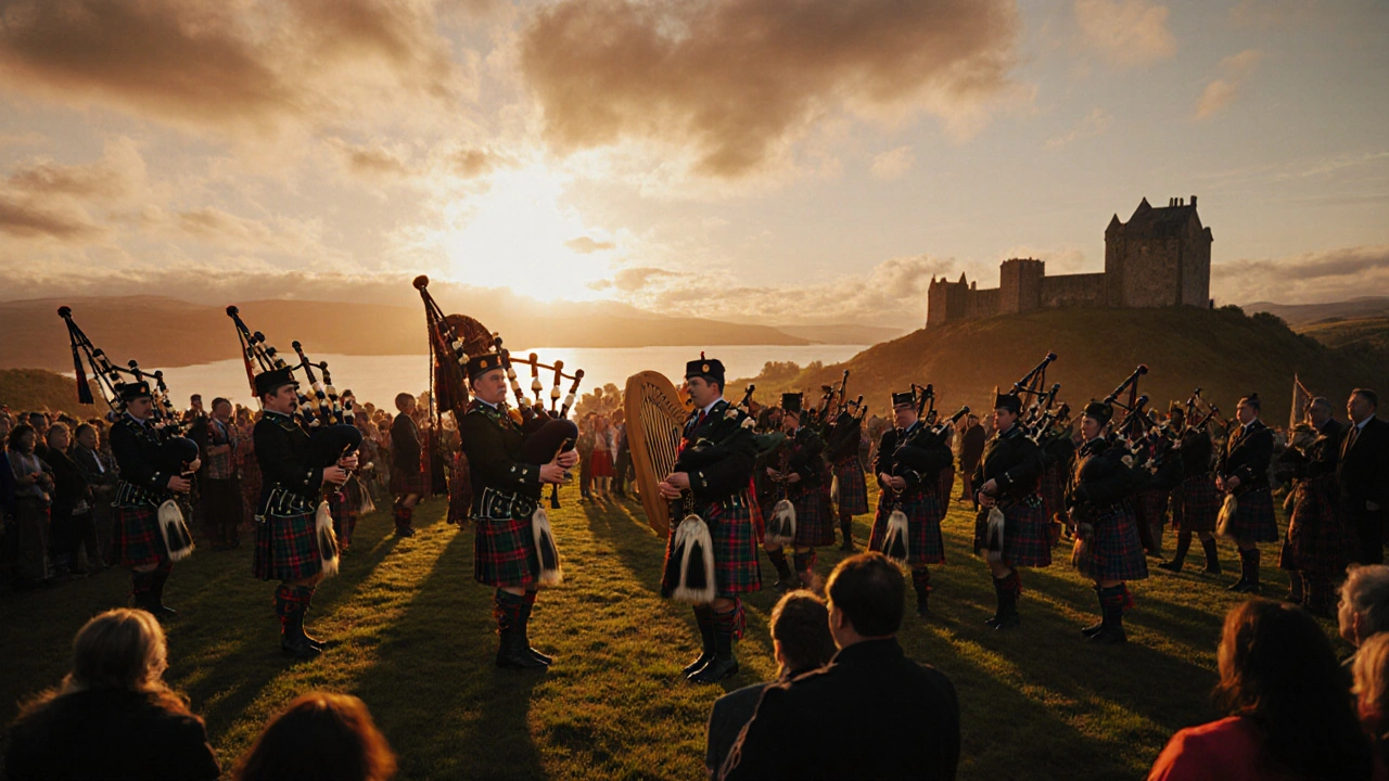 Highland festival with tartan‑clad people, bagpipes, and dancers under a sunset.