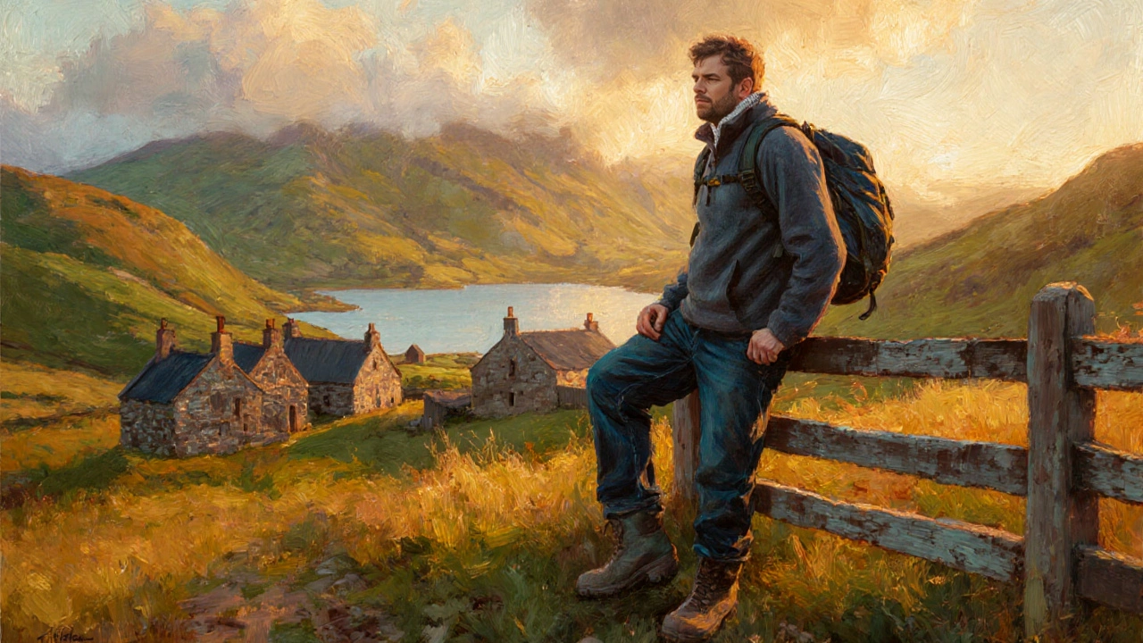 Hiker in denim and fleece standing near a Highland stone cottage at golden hour.