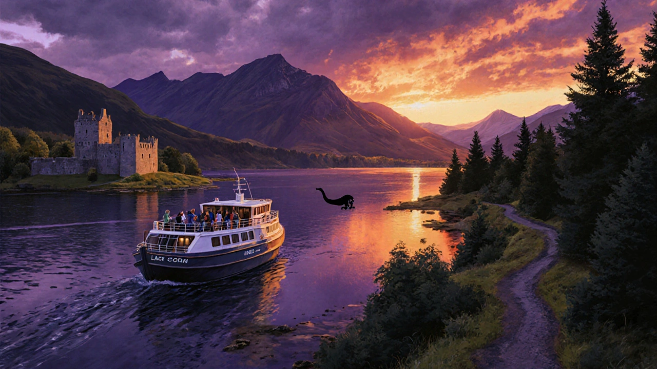 Illustration of a boat on Loch Ness near Urquhart Castle with mountains in the sunset background.