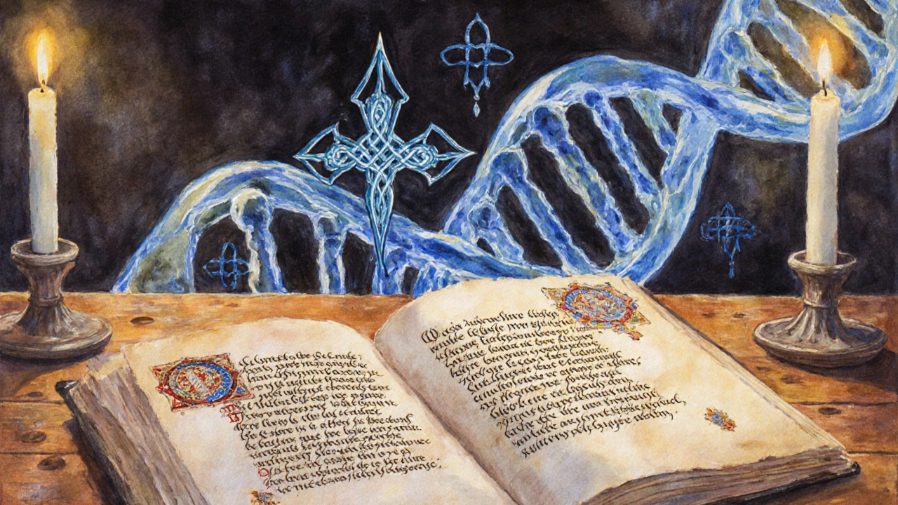 Manuscript page with shared Gaelic script beside a glowing DNA helix and Celtic cross.