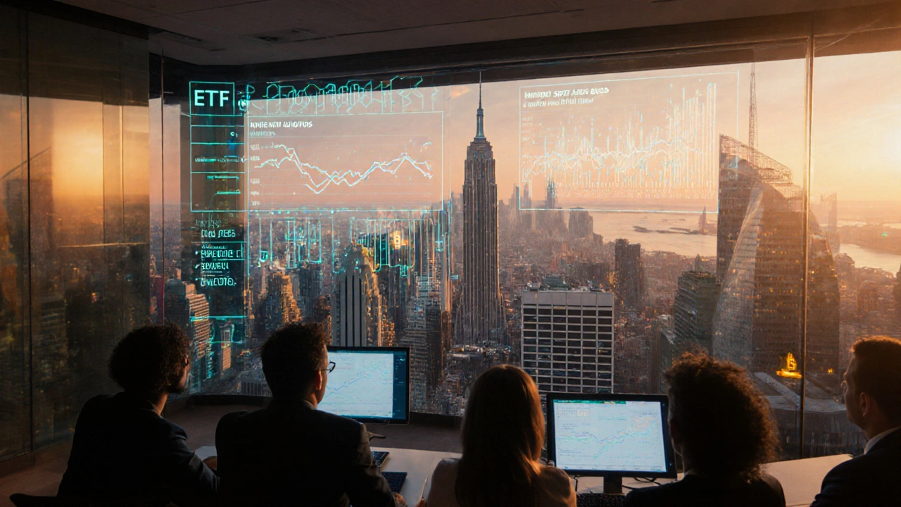 Modern conference room with holographic charts showing rising Bitcoin ETF performance and future outlook.