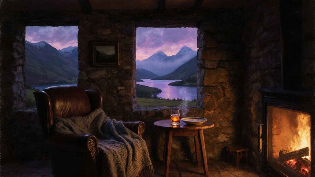 Oil painting of a cozy Highland cottage interior with whisky glass and misty mountains outside.
