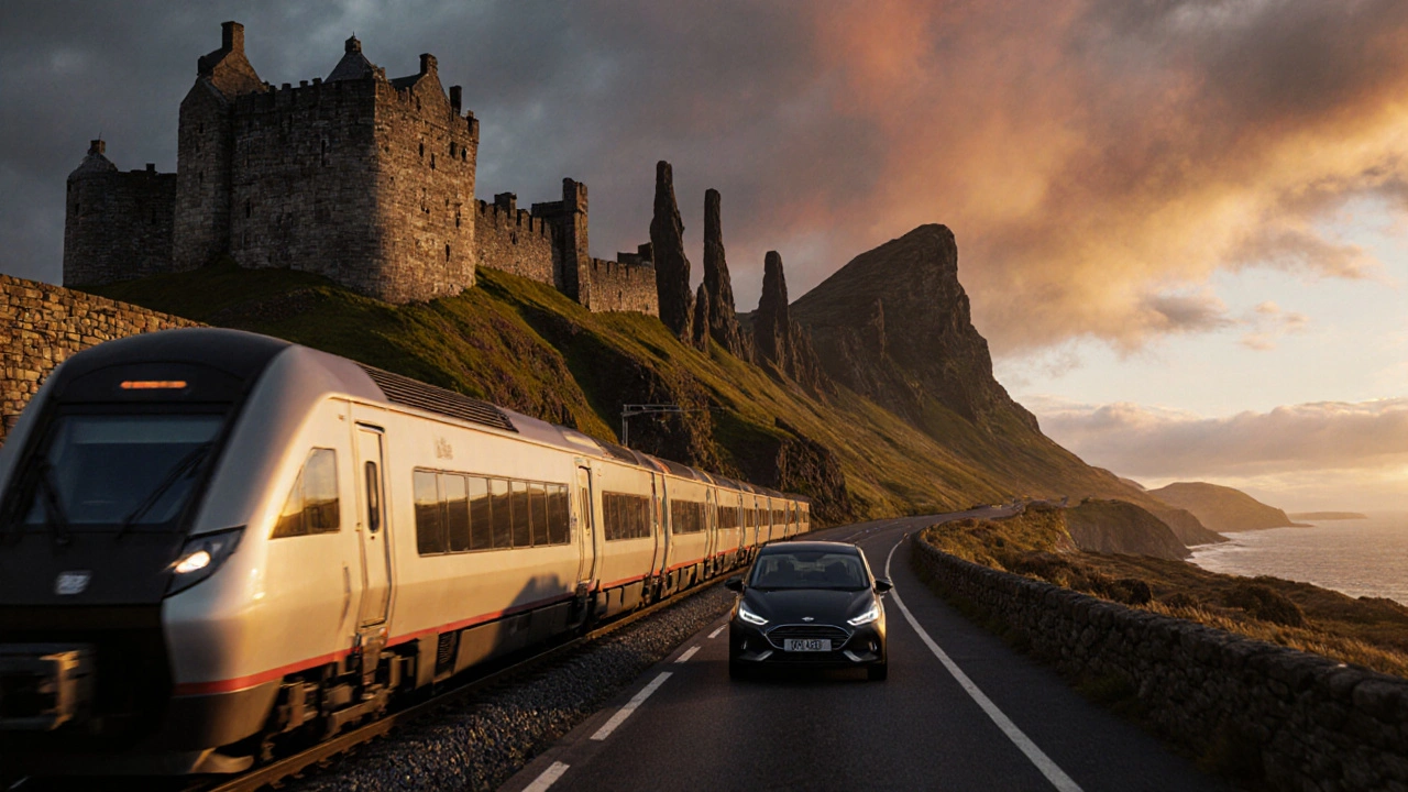 Photorealistic traveler on a train near Edinburgh, then a car on a coastal road near Skye.
