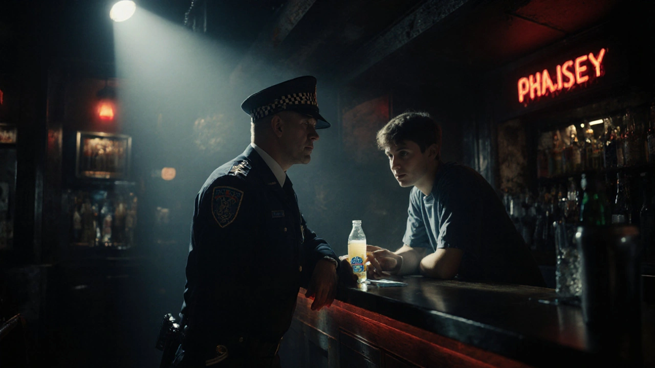 Police officer confronts teen holding a cider bottle inside a dim bar.