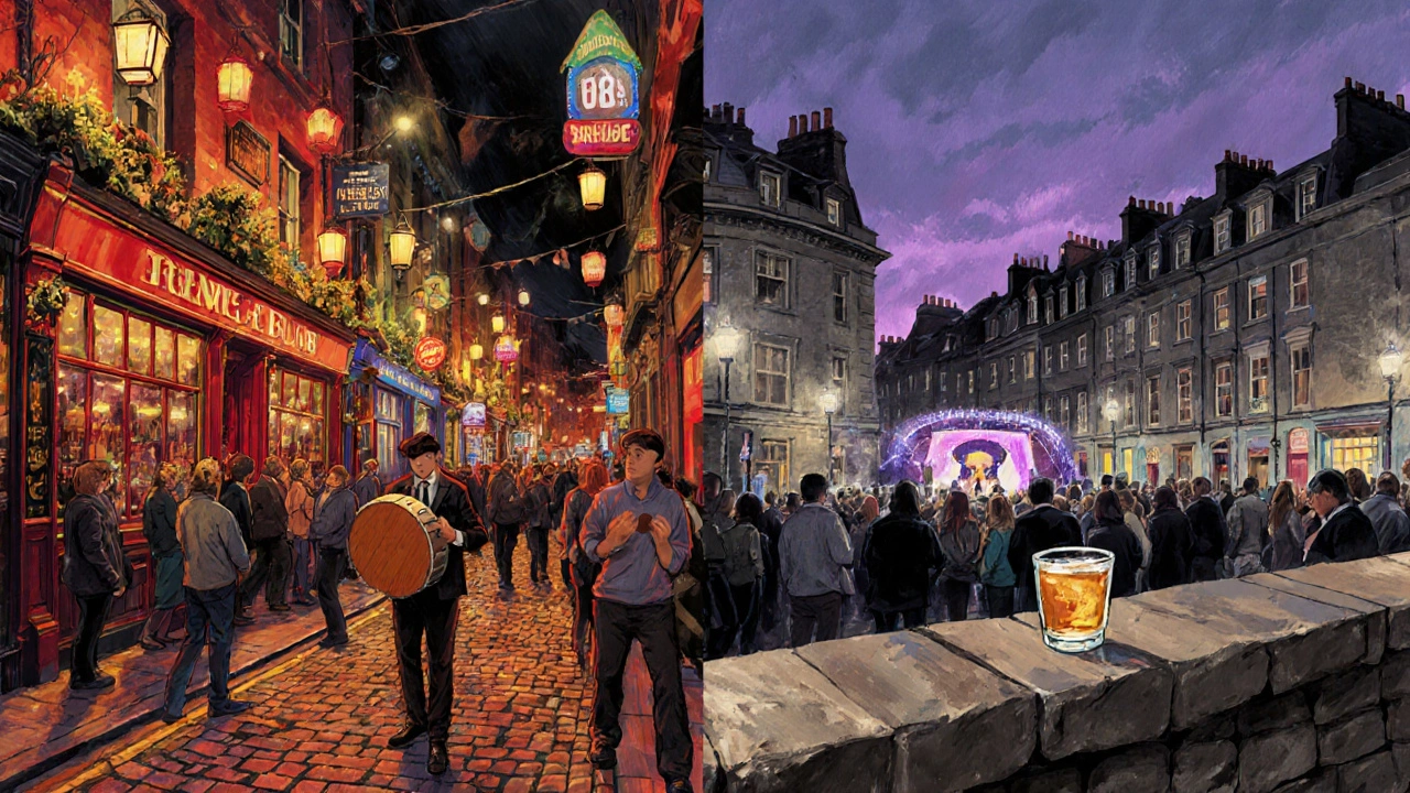 Split illustration of Dublin pub street and Edinburgh festival scene.