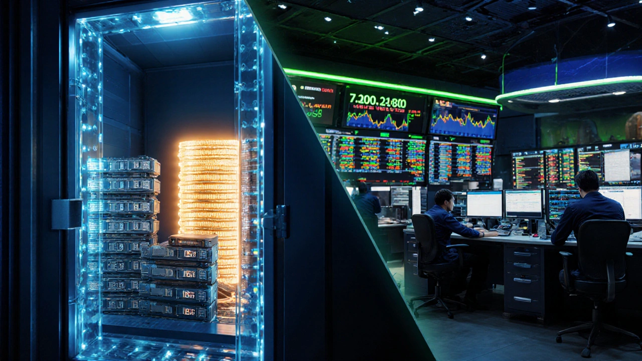 Split view of a cold‑storage vault with Bitcoin and a trading floor with market‑maker screens for an ETF.
