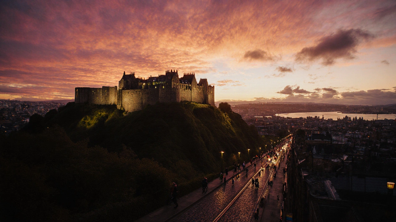 Sunset view from Arthur's Seat looking down at the castle and Royal Mile.