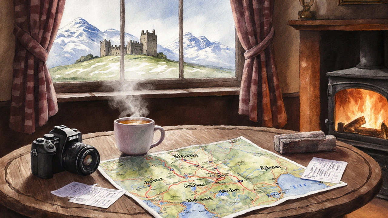 Traveler's table with map, tickets, tea, and view of Scottish castle.