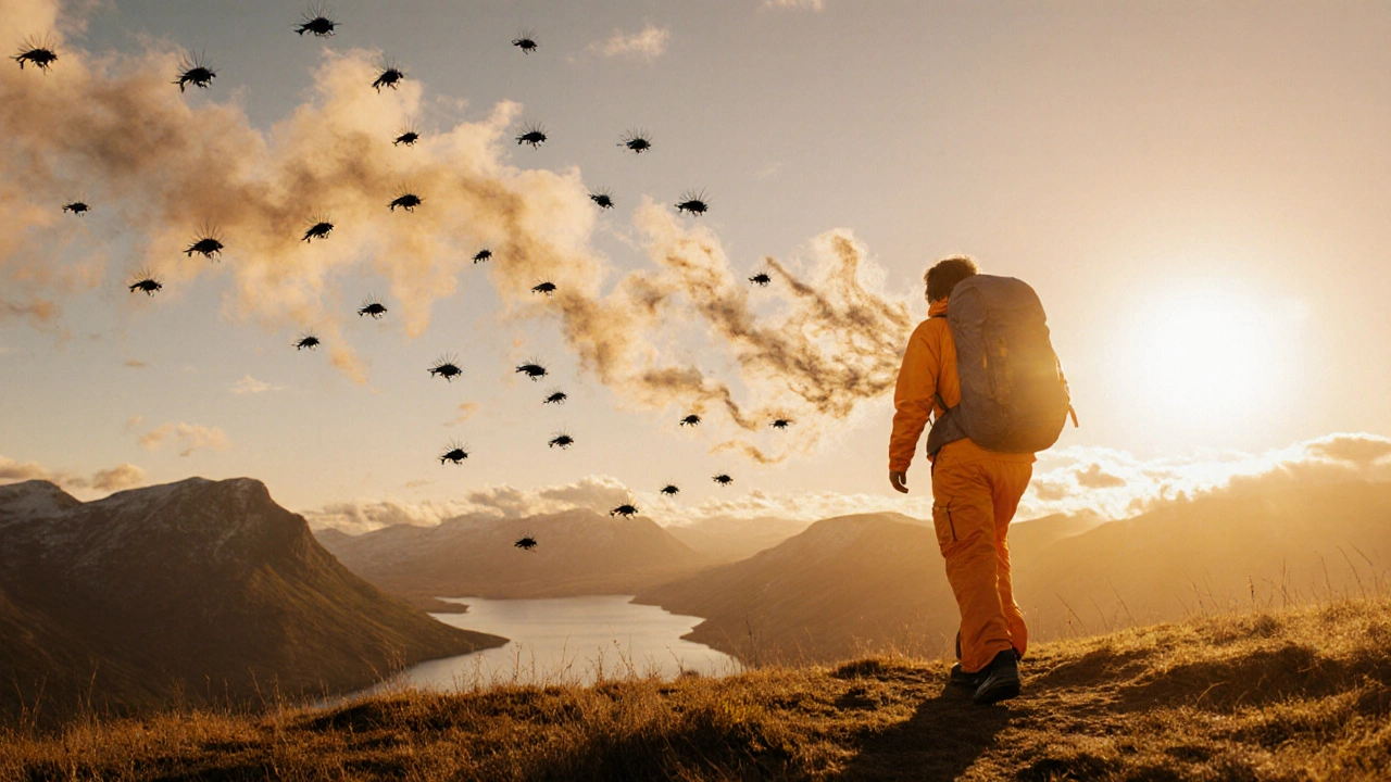 Traveler in anti‑midge clothing walking on windy high plateau with midges blown away.