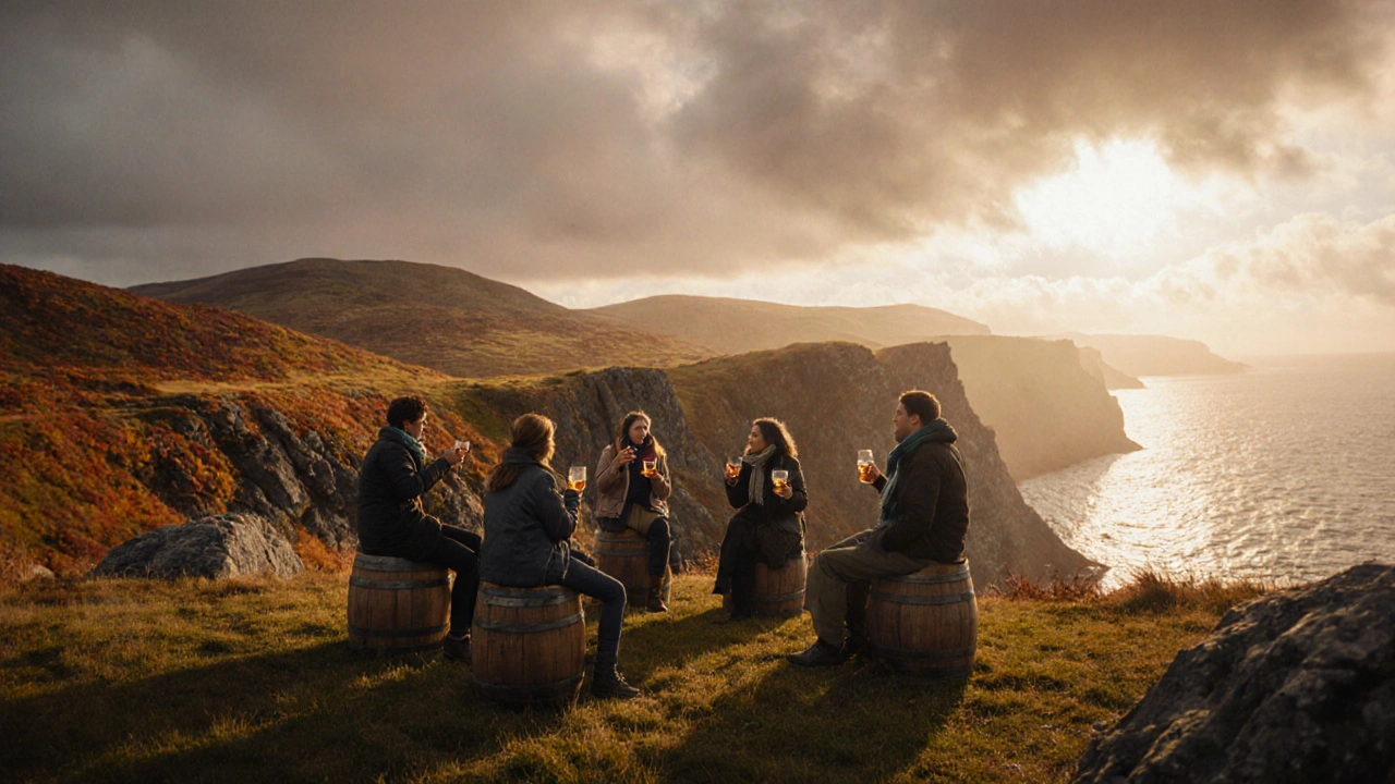 Travelers sipping whisky on the wind‑swept Isle of Islay in autumn, enjoying a midge‑free outdoor gathering.