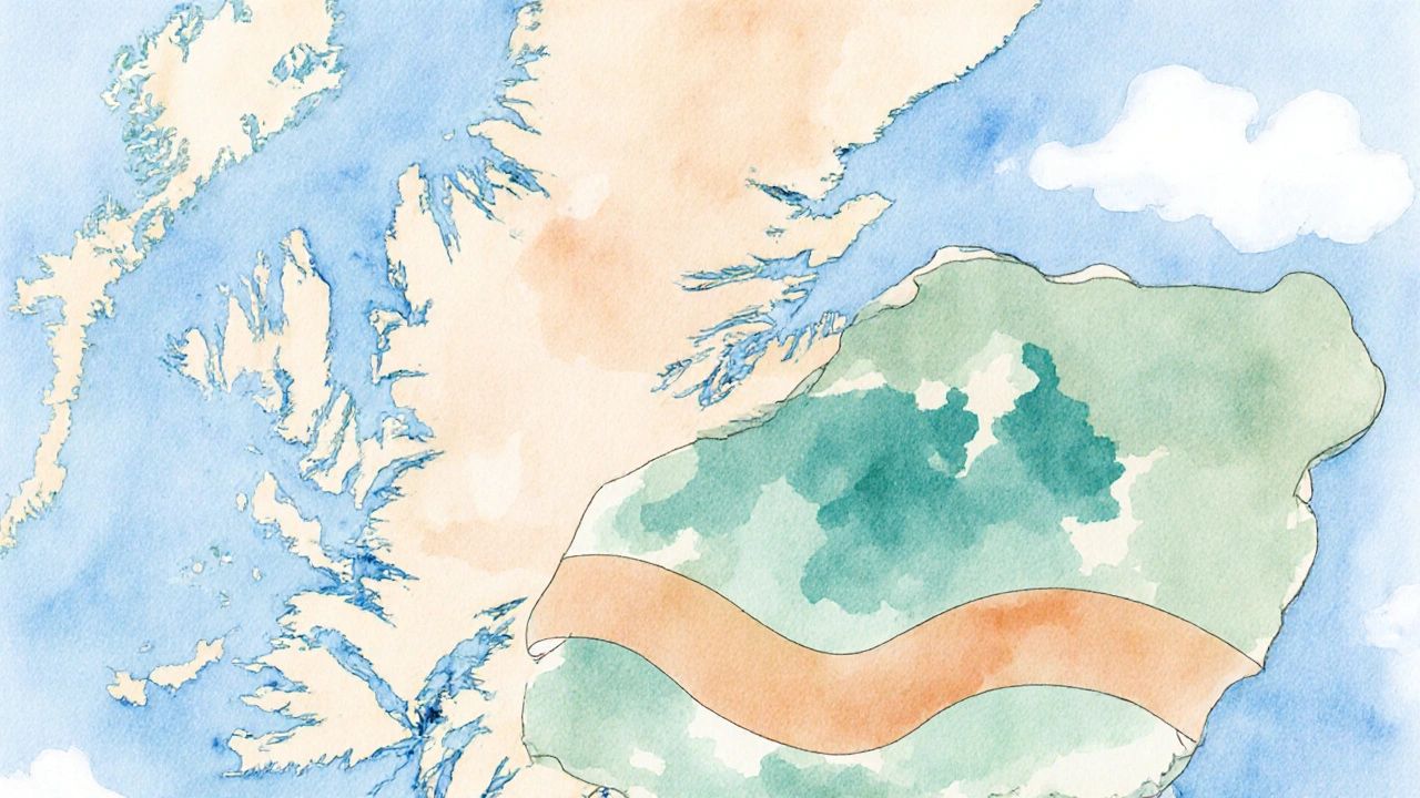 Watercolor map of Scotland highlighting coastal islands and low‑risk months with soft pastel colors.