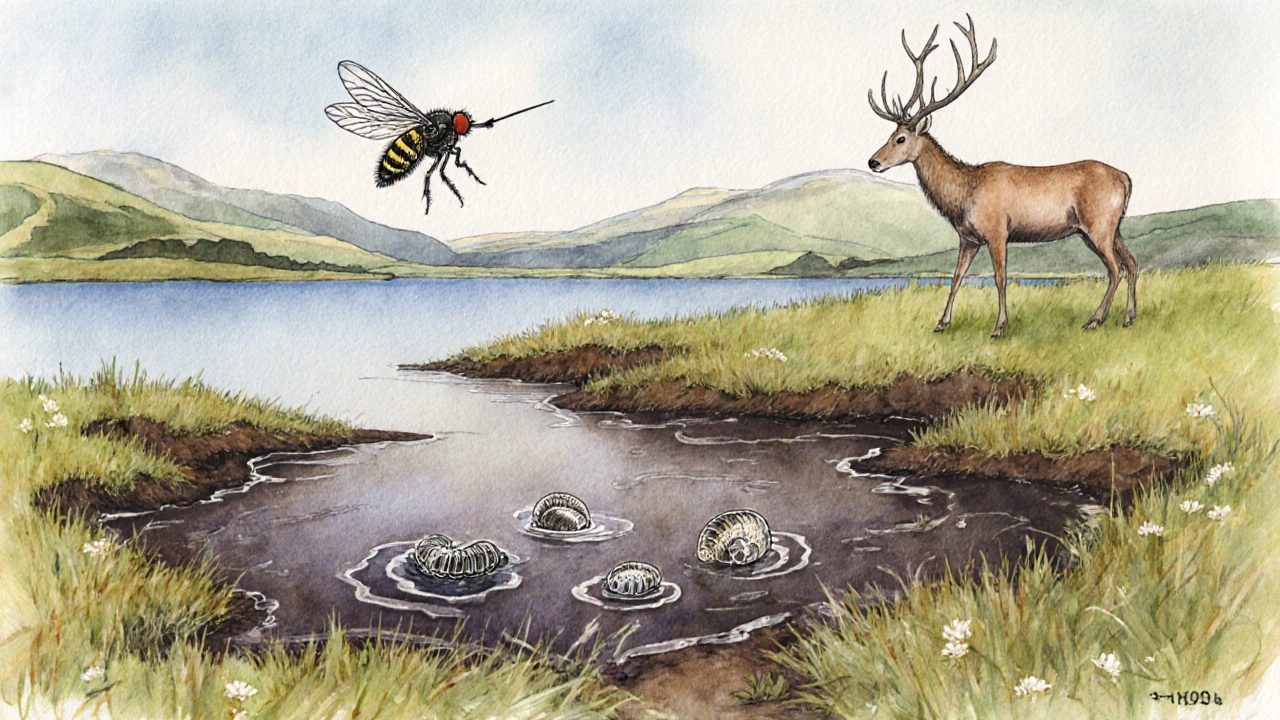 Watercolor of peat bog with midge larvae, pupa, and adult near a loch.
