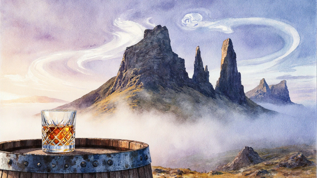 Watercolor of Skye's Old Man of Storr sunrise with a whisky glass.