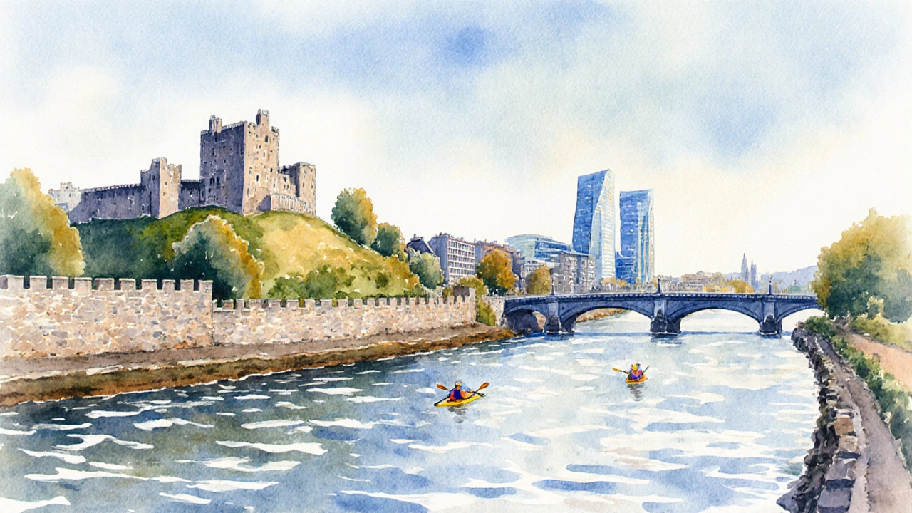 Watercolor scene of Inverness Castle overlooking the river with kayakers and the Victoria Bridge.