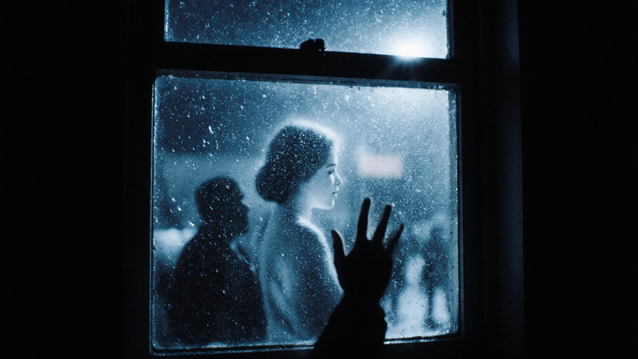A 16mm film projected onto a rainy Glasgow window, showing a mother&#039;s silent gaze as raindrops blur the image.