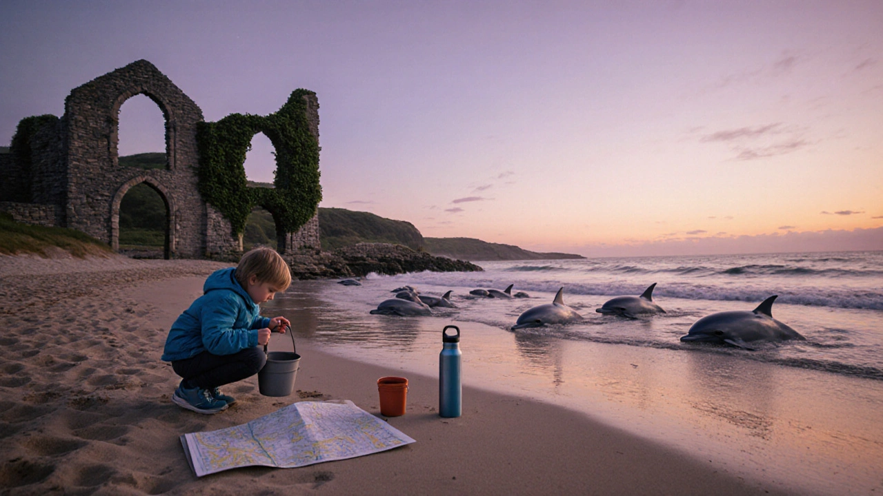 A child explores a tidal pool at Tain Beach at dusk while dolphins swim nearby, with ancient priory ruins visible in the background.