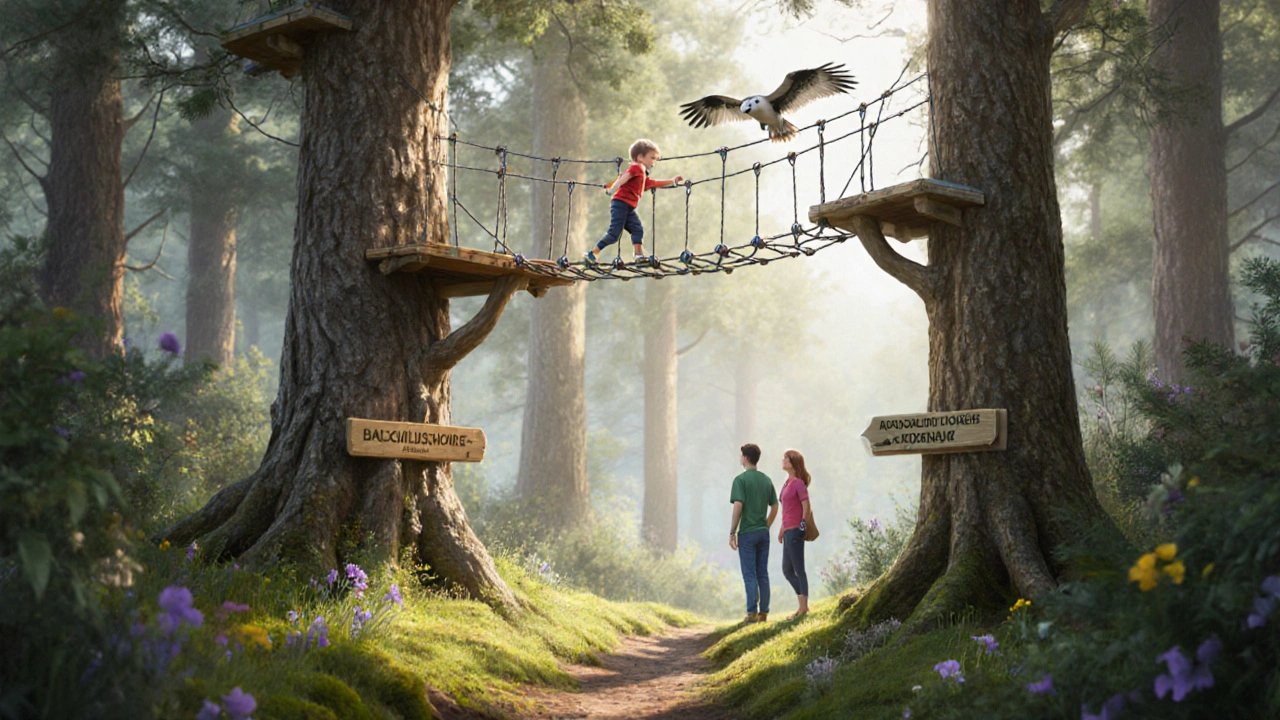 A child on a treetop rope bridge in Rothiemurchus Forest, with ospreys flying overhead and sunlight filtering through ancient pines.