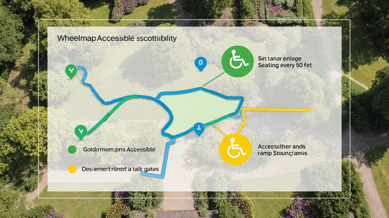 A digital accessibility map overlay showing smooth paths, seating, and ramps in a garden layout.