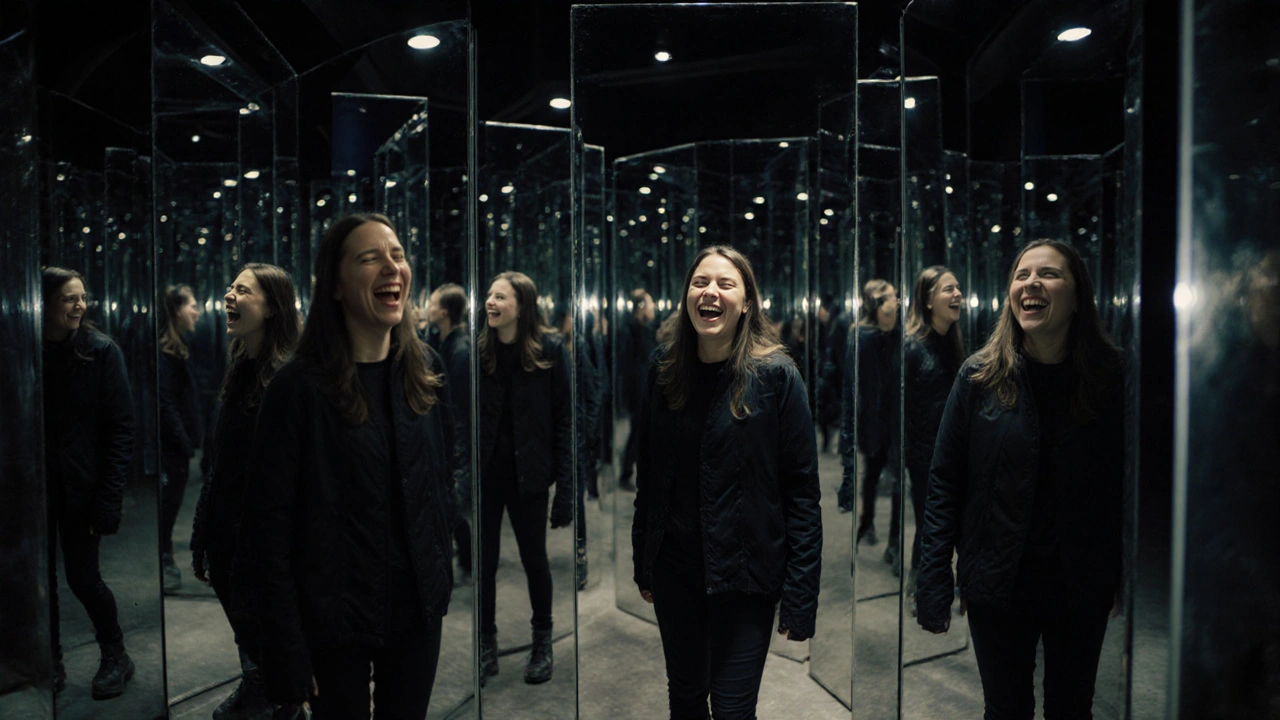 A distorted reflection in a house of mirrors, with warped and vanished body parts creating surreal visual effects.