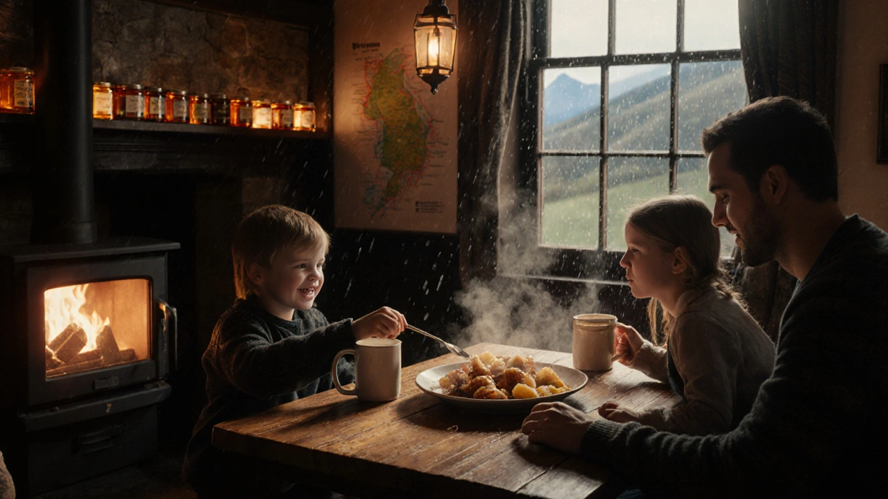 A family enjoying haggis and neeps at The Birnam pub, lit by a wood stove and rain-streaked windows, in a cozy Highland setting.