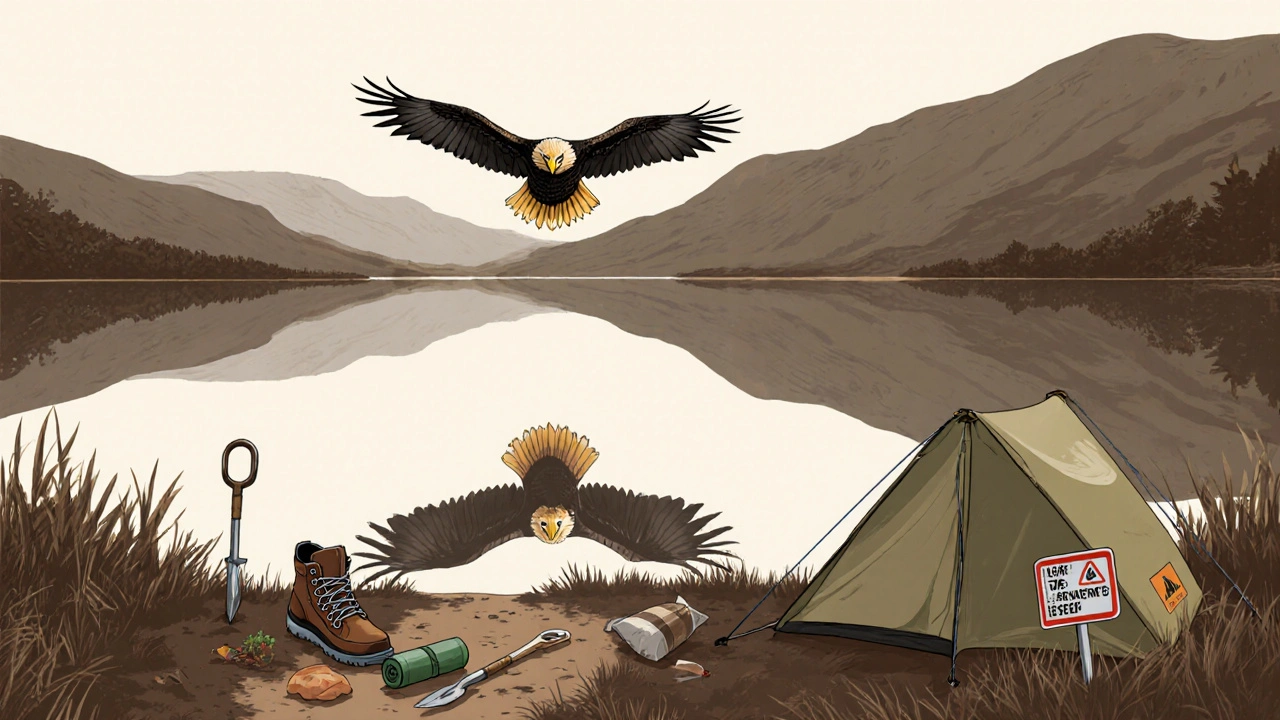 A golden eagle flies over a quiet loch as a hiker&#039;s gear rests respectfully on a marked trail.