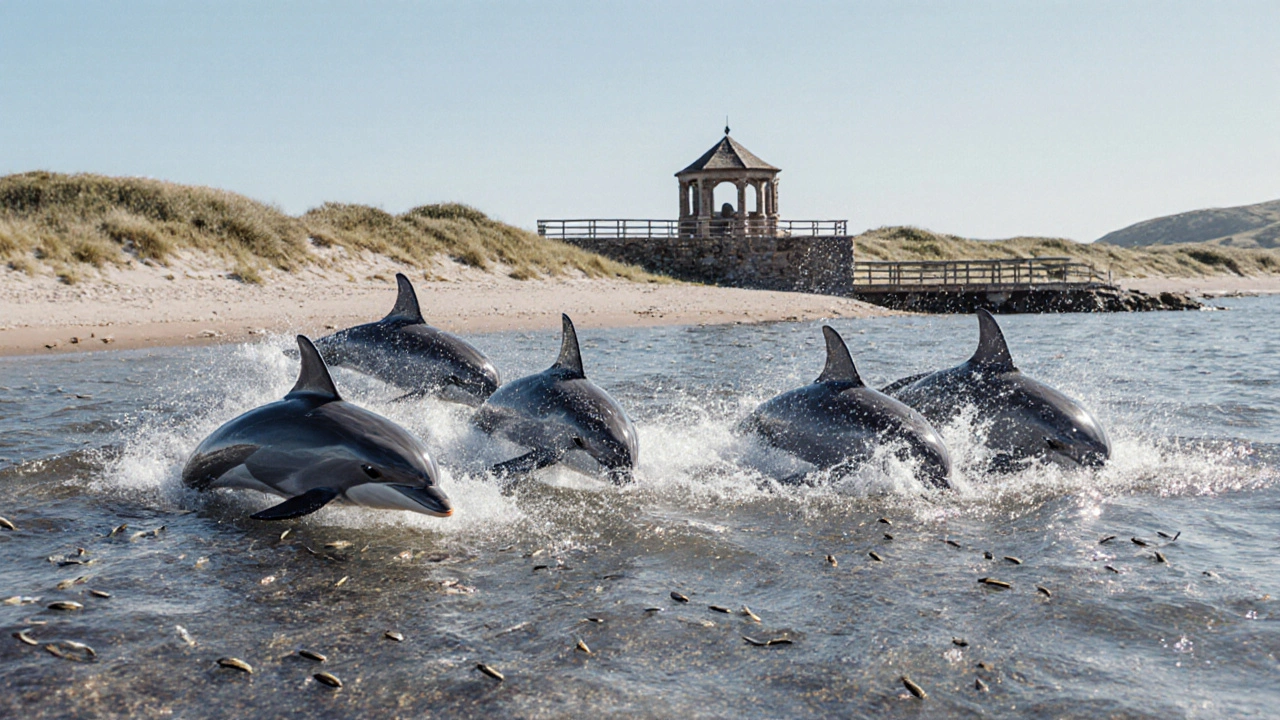 A group of wild dolphins hunt together in shallow water, their tails flashing as they dive in sync under the morning sun.