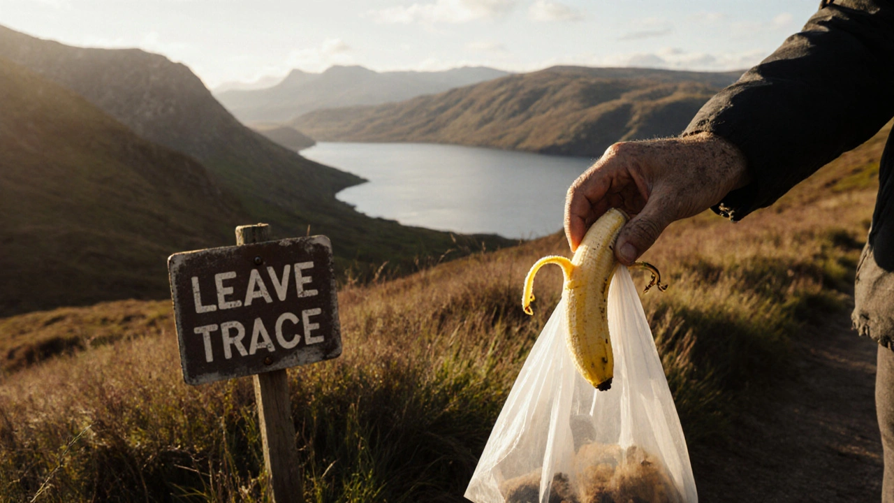 A hand placing a banana peel into a bag beside a mountain trail, leaving no trace behind.