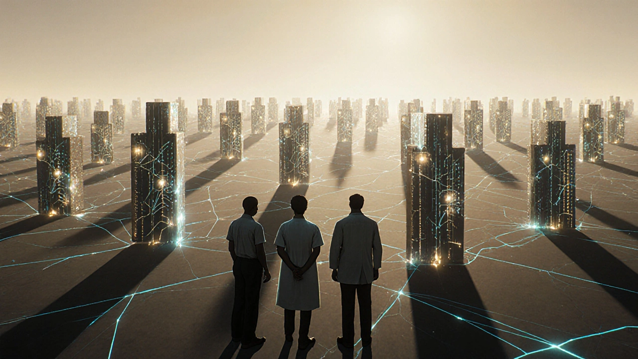 A landscape of interlocking data crystals with silhouettes of people representing real-world uses of distributed ledgers.