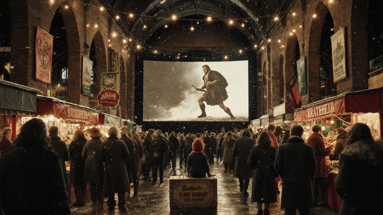 A midnight screening of &#039;Braveheart&#039; at the Old Fruit Market, with crowds standing around a large screen under Victorian architecture.