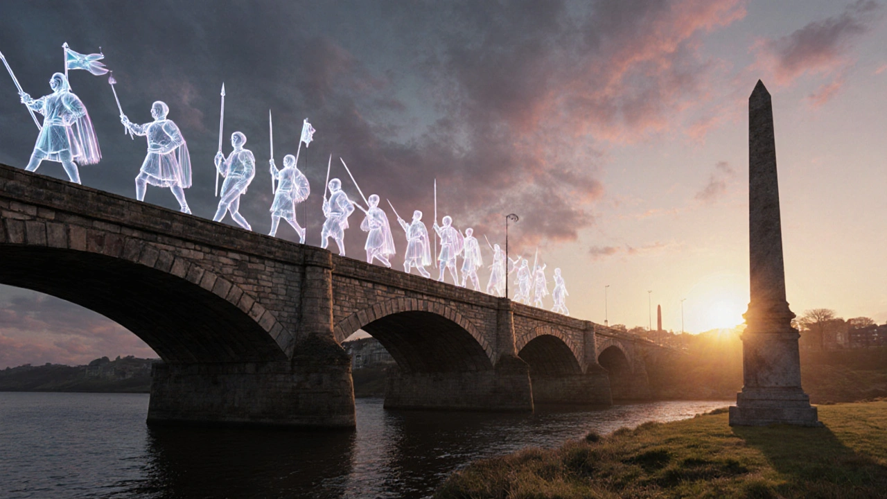 A modern bridge at dusk with ghostly medieval warriors marching beside it, symbolizing the lasting legacy of Scotland&#039;s victory at Stirling Bridge.