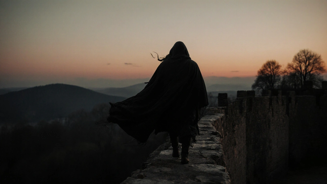 A shadowy figure in a black cloak walking the ramparts of Hermitage Castle at dusk, silhouetted against a fading horizon.