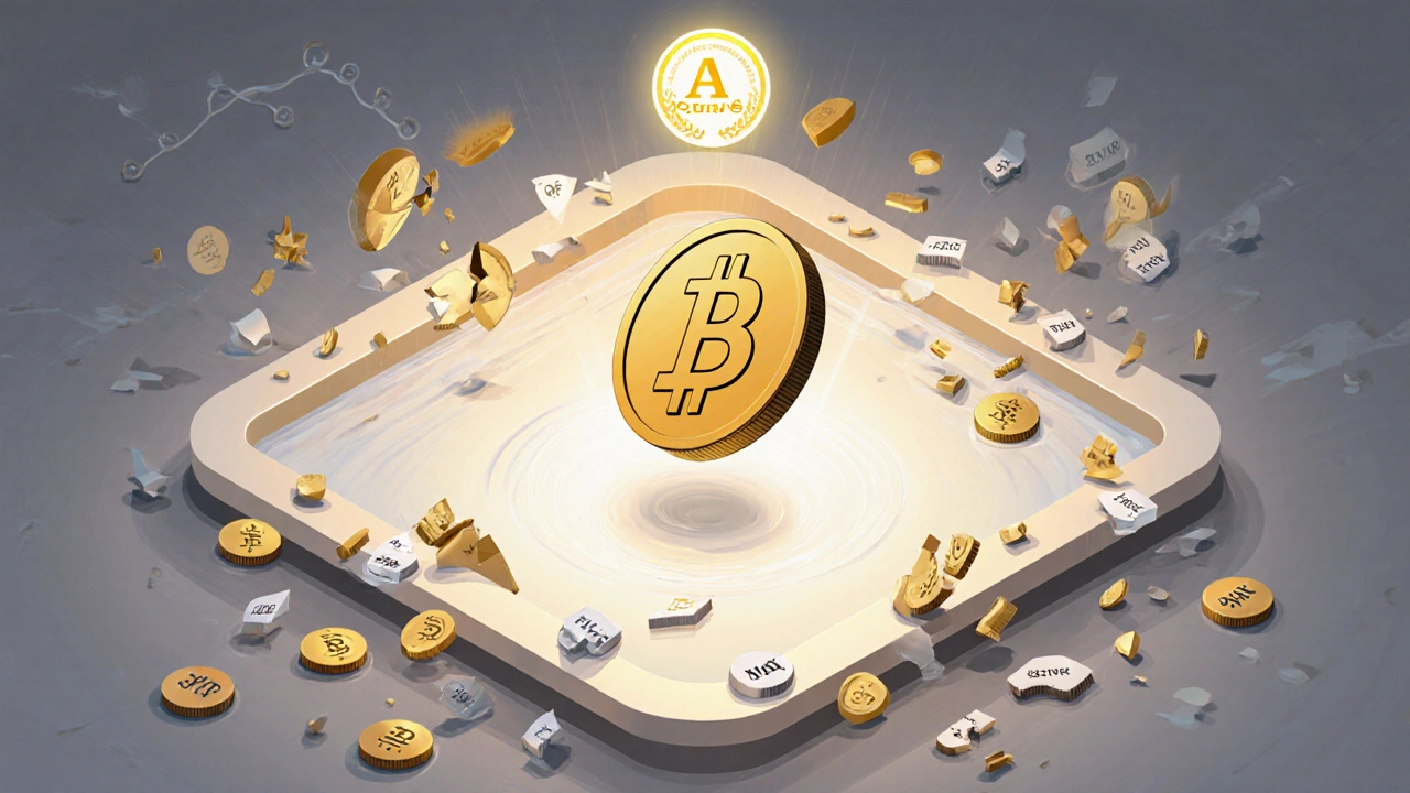A single USDC coin entering a pool and splitting evenly into DAI and USDT, symbolizing Curve v3’s simplified deposit system.