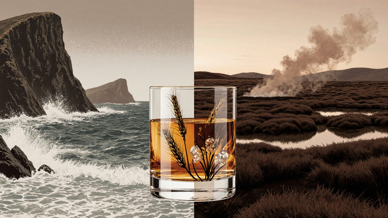 A symbolic glass of Skye whisky reflecting the ocean and peat bog, representing the island&#039;s natural elements in every sip.