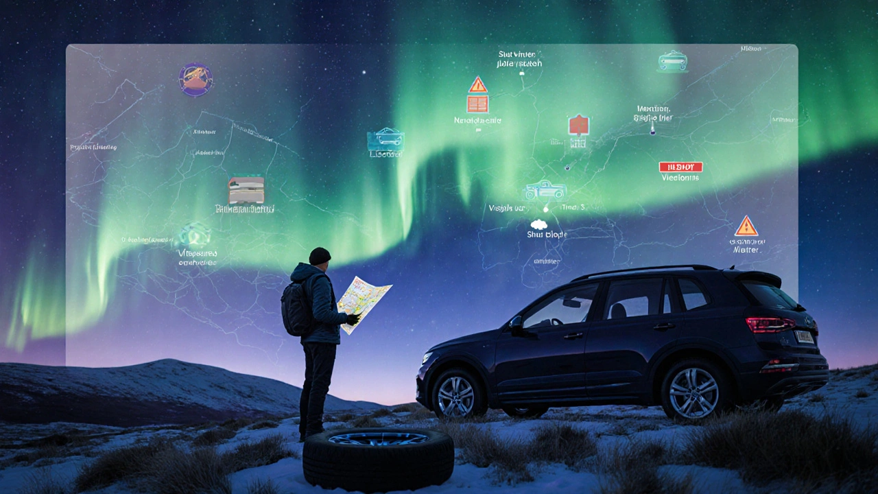 A traveler under the Northern Lights holding a map, with invisible road closures fading into the aurora.