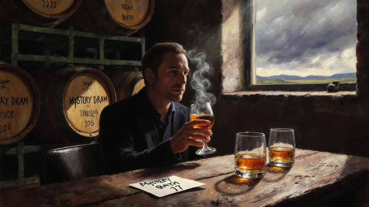 A visitor sipping Talisker whisky in a quiet distillery tasting room, with casks and sunlight streaming through a window.