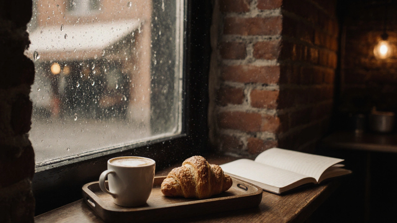 A warm cafe corner with an almond croissant and coffee beside an open notebook on a rainy day.