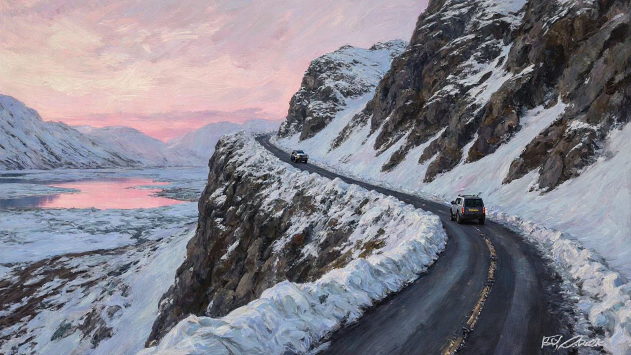 A winding mountain road covered in ice with snow drifts under a pale dawn sky in the Scottish Highlands.